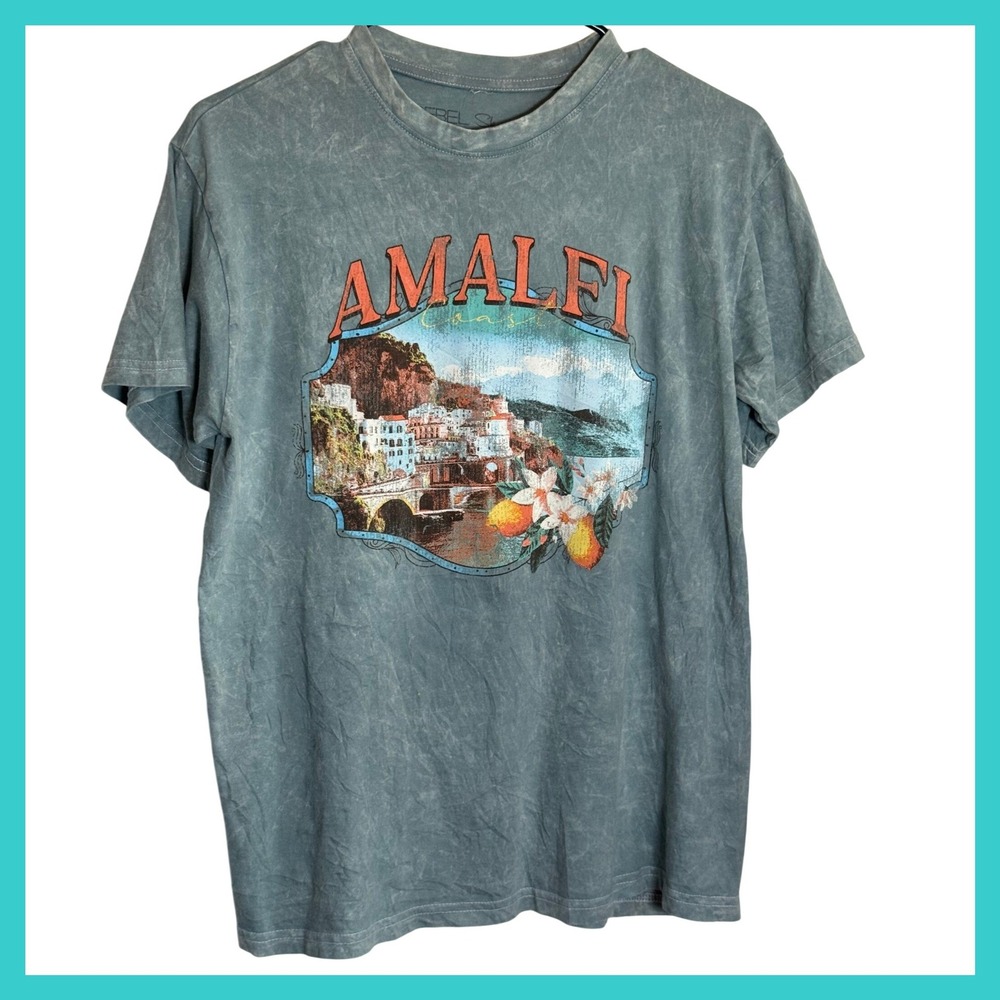 Rebel Sky Amalfi Coast Italy Graphic T-Shirt Mineral Wash Blue Grey Small